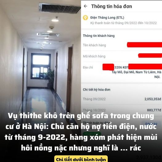 Vụ thithê khô trên ghế sofa trong chung cư ở Hà Nội: Chủ căn hộ nợ tiền điện, nước từ tháng 9-2022, hàng xóm phát hiện mùi hôi nồng nặc nhưng nghĩ là … rác