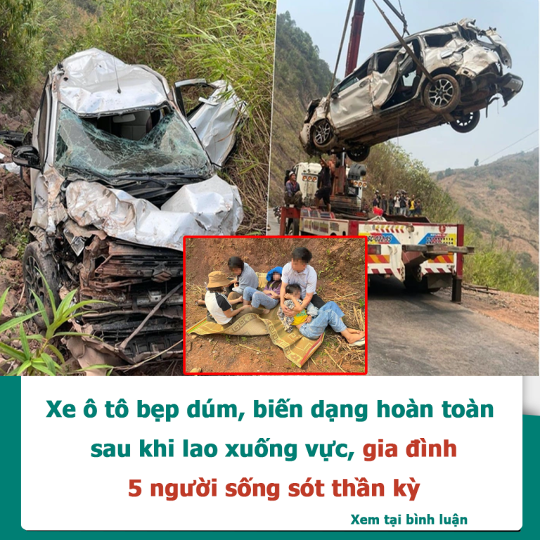 Xe ô tô bẹp dúm, biến dạng hoàn toàn sau khi lao xuống vực, gia đình 5 người sống sót thần kỳ