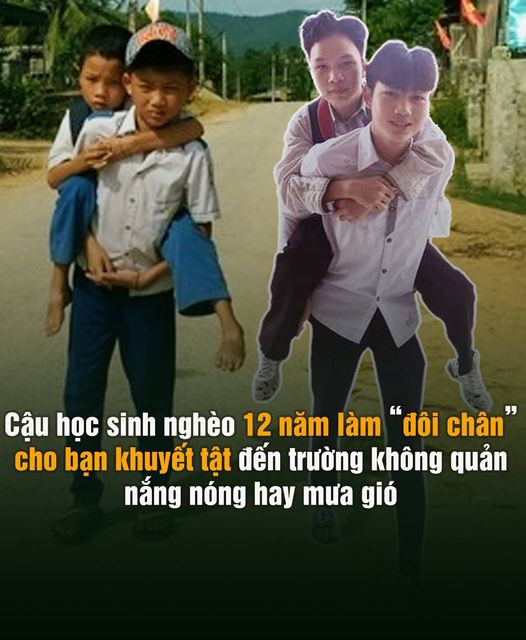 Cậu học sinh ngh;èo 12 năm làm ‘ᵭôi chân’ cho bạn khuyḗt t;ật ᵭḗn trường, không quản nắng nóng hay mưa gió