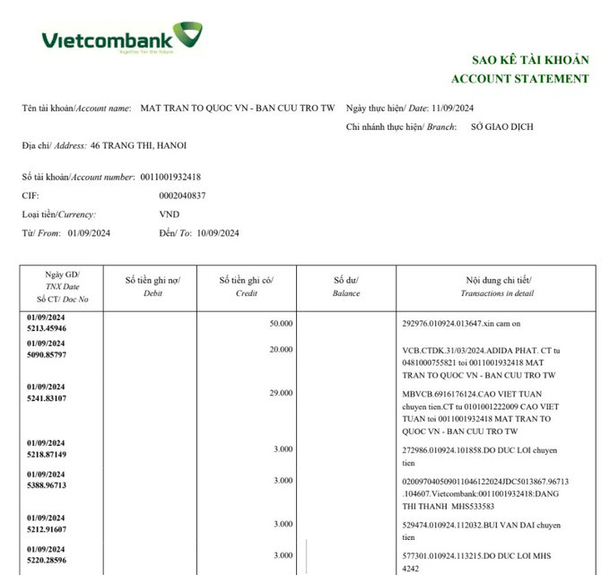 CỰC N/Ó/NG: UBMTTQ Việt Nam chính thức công bố hơn 12.000 trang sao kê tiền ủng hộ của nhân dân cả nước tới đồng bào vùng bão lũ