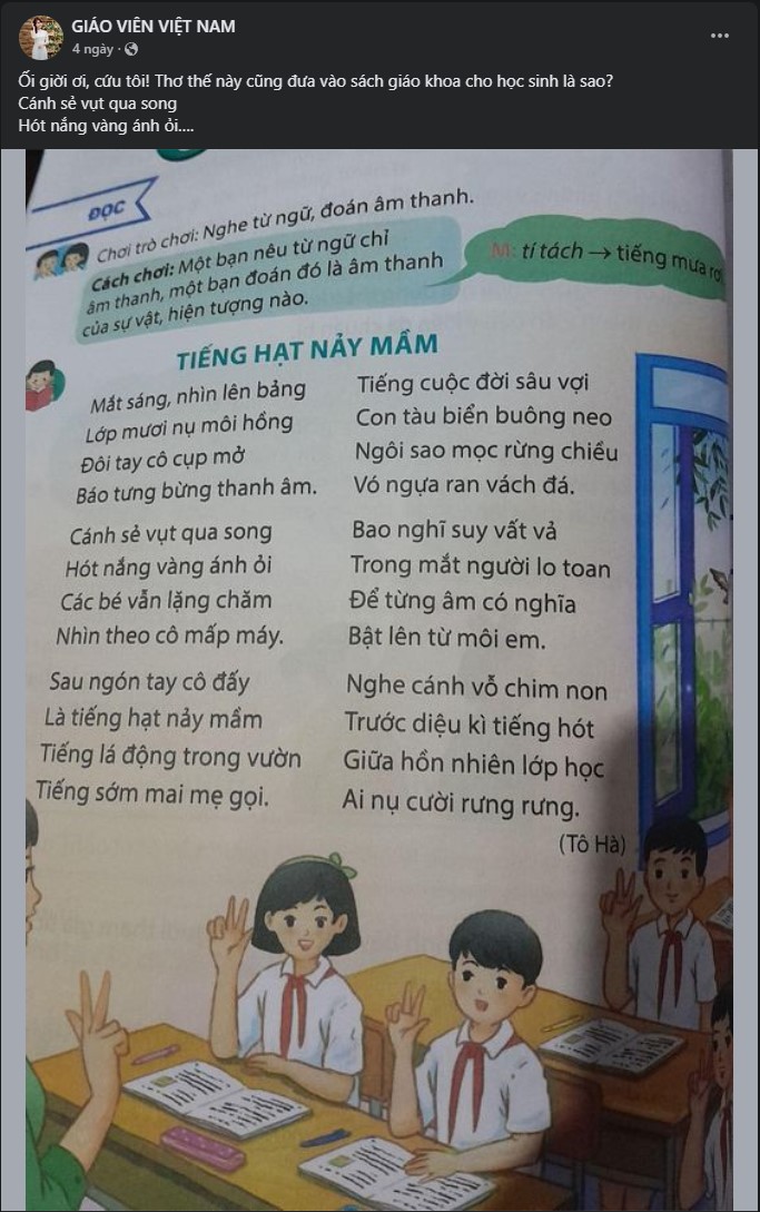 Ối giời ơi, cứu tôi! Thơ thế này cũng đưa vào sách giáo khoa cho học sinh là sao?  Cánh sẻ vụt qua song Hót nắng vàng ánh ỏi….